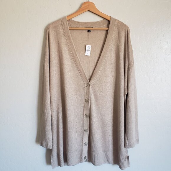 Talbots 100% Linen V-Neck Button Front Long Cardigan Tan Sz Women's 2X Plus NEW - Picture 1 of 11